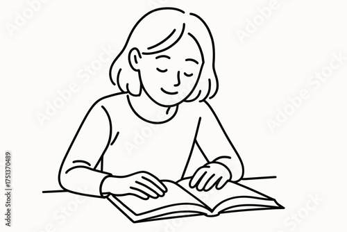Line art of young caucasian female reading a book at a table