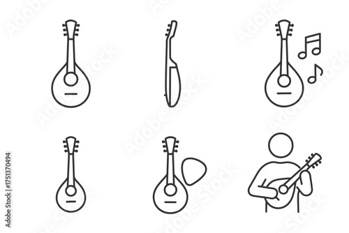 Mandolin line art: front, side, and player with musical notes