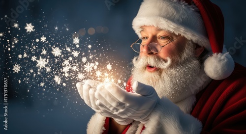 Santa Claus blows glowing snowflakes symbolizing magic and joy of the holiday season