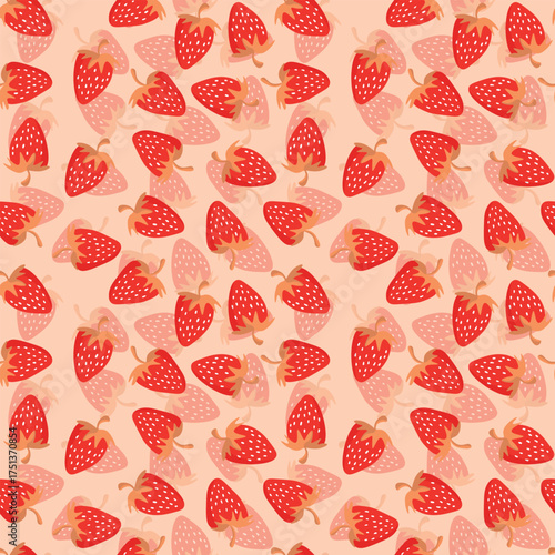 Seamless pattern with strawberry on color background. Natural delicious fresh ripe tasty fruit. Vector illustration for print, fabric, textile, banner, other design. Food concept.
