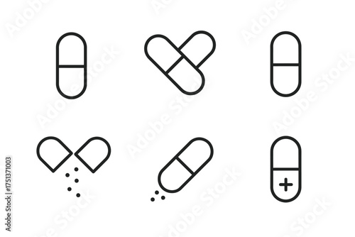 Minimalist capsule icons on white background showcasing various medical pill concepts