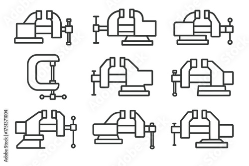 Set of various industrial clamps and vices in linear icon style