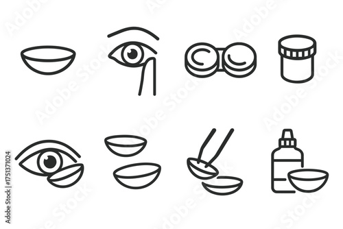 Contact lens care essentials: case, solution, eye insertions, hygienic handling icons