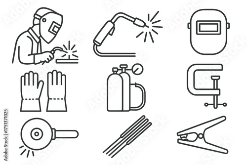 Line art icons of welding tools and safety equipment for workshop use