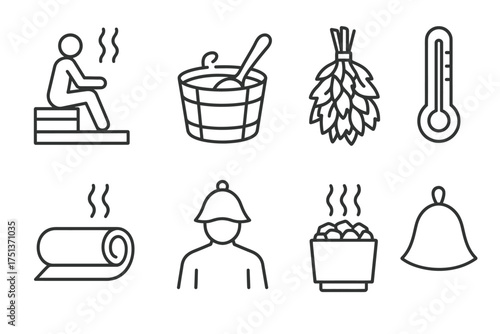 Line icons of sauna elements: bench, bucket, broom, thermometer, and more