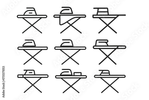 Outlined icons of iron on ironing boards in various positions