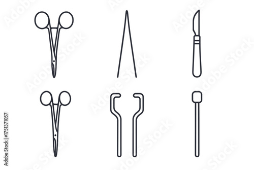Minimalist line art of medical tools including scissors, tweezers, and scalpel