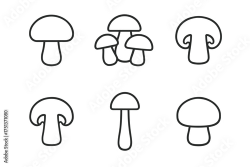 Collection of six simple black and white mushroom outline illustrations