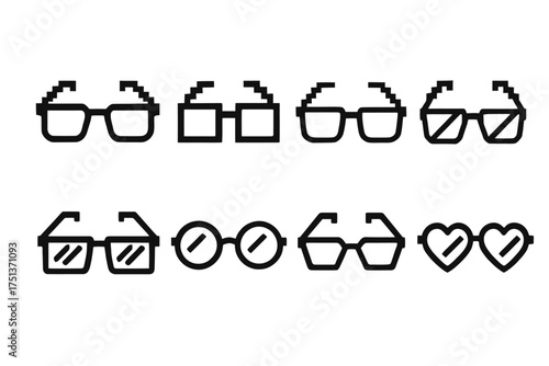 Set of eight pixelated black eyeglass icons in various styles