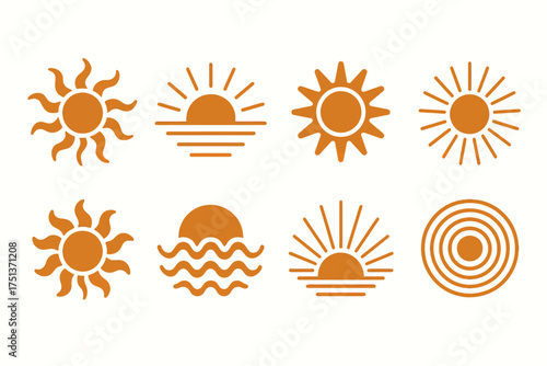 Variety of sun icon designs: waves, rays, and sunrise elements