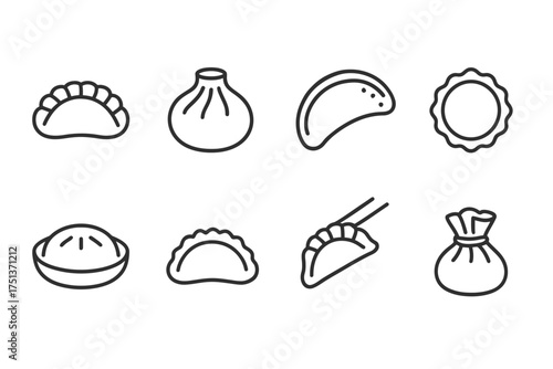 Outline icons of various dumplings: gyoza, bao, pierogi, and more in minimalist style