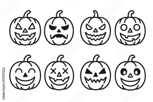Set of eight halloween pumpkin faces with various expressions and jack-o'-lantern designs