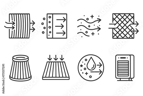 Air purifier icons: filter types and purification processes illustrated
