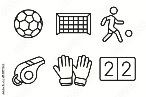 Soccer icon set: ball, goal, player, whistle, gloves, scoreboard