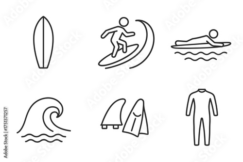 Surfing icons: surfboard, surfer, waves, wetsuit, fins, paddling outline set