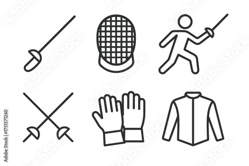 Fencing equipment icons: sword, helmet, action pose, gloves, jacket