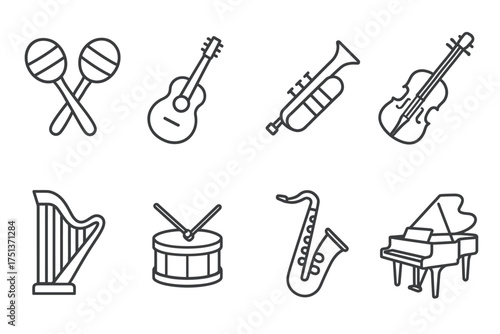 Outline illustrations of eight musical instruments including guitar and saxophone