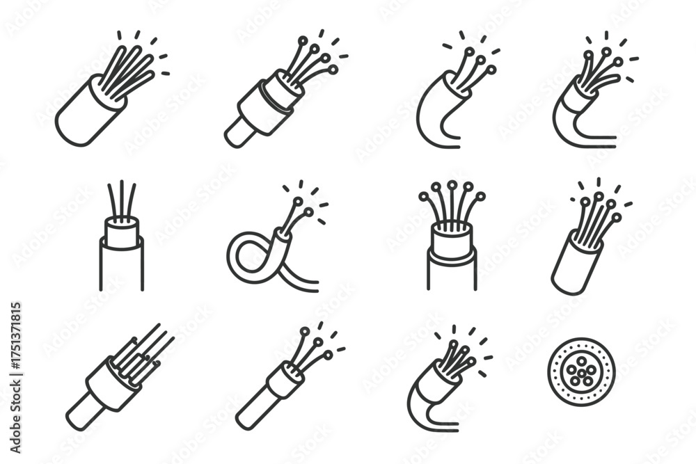 Set of electrical cable icons with spark effects in black and white