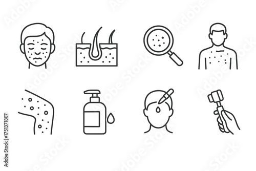 Acne treatment icons: face, skin, magnifier, medication, dermatology, skincare