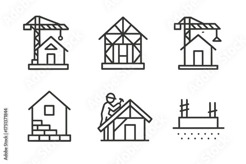 Outline icons of construction stages and building processes