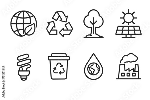 Eco-friendly icons set: sustainability, recycling, renewable energy, environmental conservation
