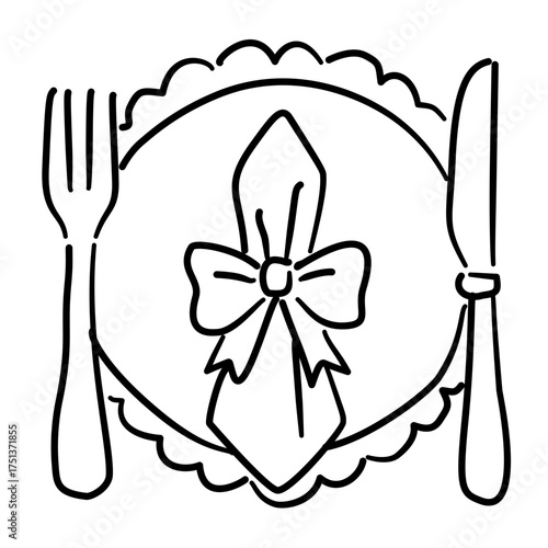 Elegant Thanksgiving Table Setting Line Art with Bow Napkin Coquette Dinner Outline Illustration for Fall Feast Holiday Decor and Autumn Celebration Design