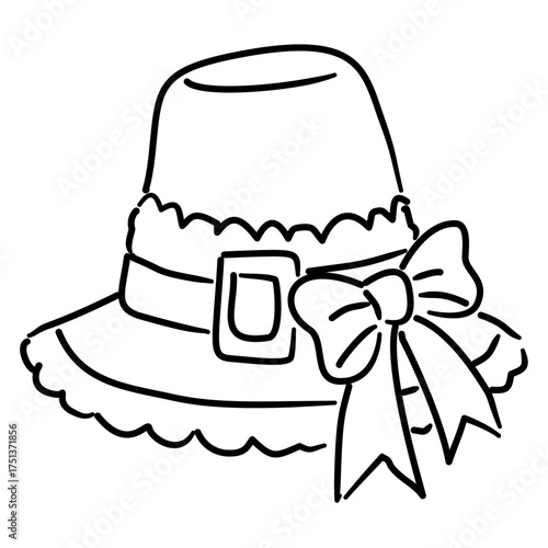 Pilgrim Hat Line Art with Ribbon Bow Coquette Thanksgiving Outline Illustration for Fall Harvest Celebration Autumn Decor and Whimsical Holiday Design