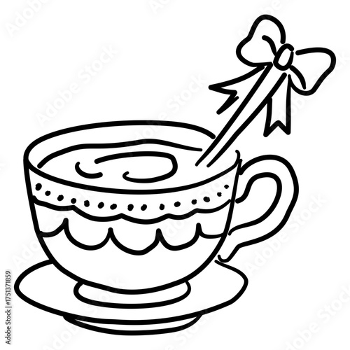 Teacup Line Art with Bow Spoon Coquette Thanksgiving Tea Outline Illustration for Fall Cafe Autumn Drink and Whimsical Cozy Holiday Decor