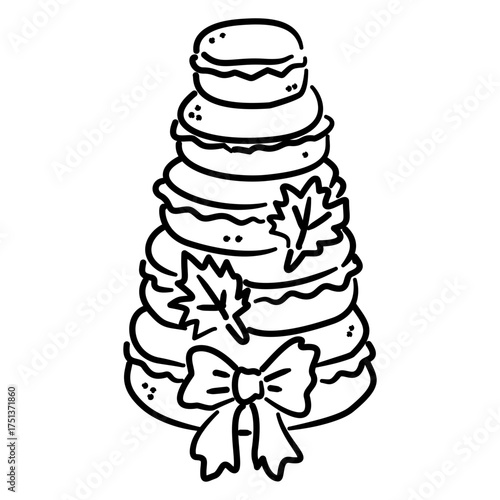 Macaron Tower Line Art with Ribbon Bow and Fall Leaves Coquette Thanksgiving Dessert Outline Illustration for Autumn Sweet Table Pastry and Festive Party Design