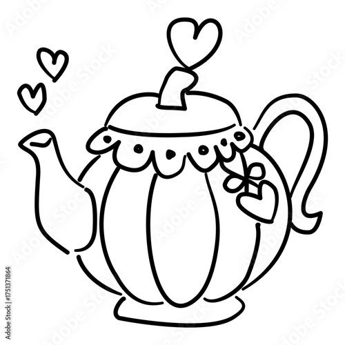 Pumpkin Teapot Line Art with Heart and Bow Details Coquette Thanksgiving Tea Party Outline Illustration for Fall Harvest Autumn Kitchen and Cozy Decor