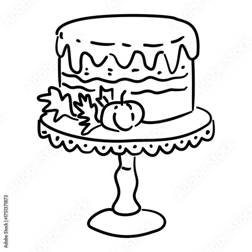 Pumpkin Cake Line Art on Stand with Leaves Coquette Thanksgiving Dessert Outline Illustration for Fall Bakery Autumn Table and Holiday Celebration Design