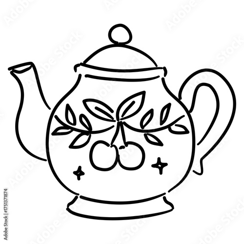 Cherry Teapot Line Art Coquette Thanksgiving Tea Party Outline Illustration for Fall Kitchen Decor Autumn Tea Time and Whimsical Cottagecore Design