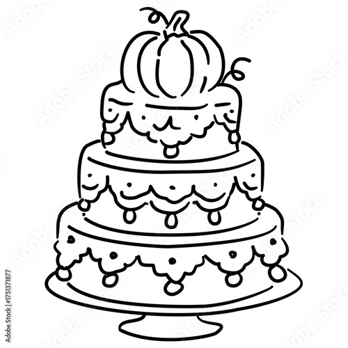 Three Tier Cake Line Art with Pumpkin Topper and Frosting Coquette Thanksgiving Dessert Outline Illustration for Fall Bakery Sweet Autumn Decor and Holiday Design