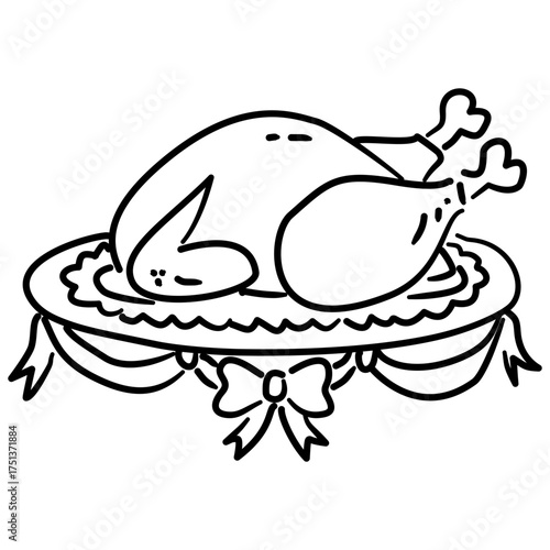 Roast Turkey Line Art with Bow Coquette Thanksgiving Dinner Outline Illustration for Fall Feast Autumn Kitchen Decor and Holiday Celebration Design
