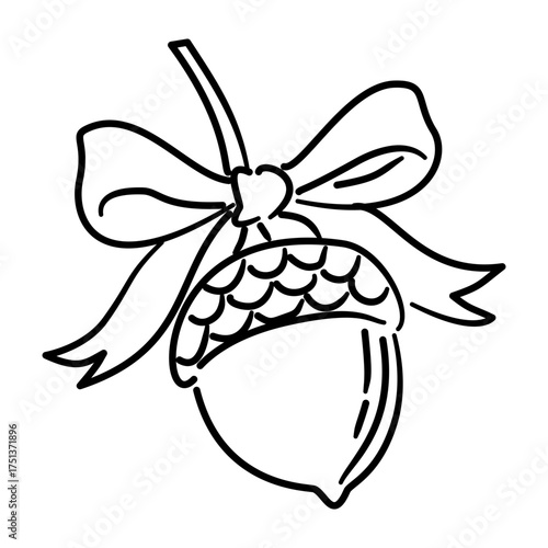 Cute Acorn Line Art with Bow Ribbon Coquette Fall Outline Illustration for Thanksgiving Autumn Decor Cottagecore Woodland Aesthetic and Seasonal Design