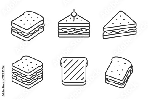 Set of sandwich icons: diverse breads and fillings in line art style