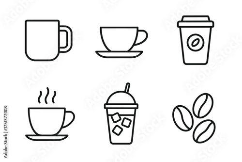 Coffee icon set: mugs, cups, to-go cups, beans, straw