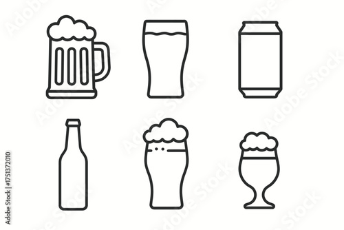 Minimalist beer icons: mug, pint, can, bottle, ale, goblet
