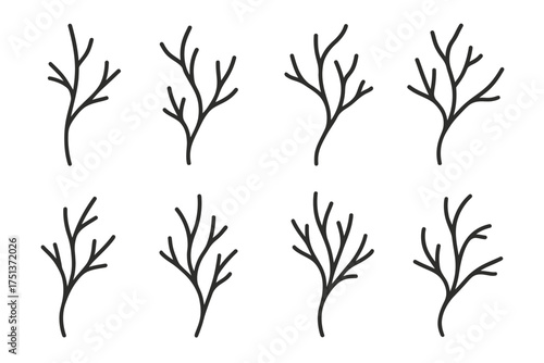 Set of eight minimalistic branch illustrations with sparse leaves