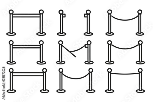 Set of nine outline icons of queue barriers and rope stanchions