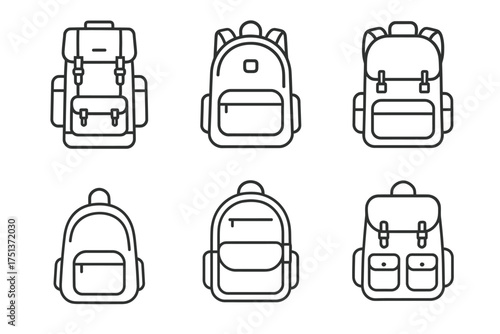 Simple line drawings of backpacks in various styles and designs