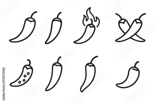 Set of minimalist black line art chili pepper icons
