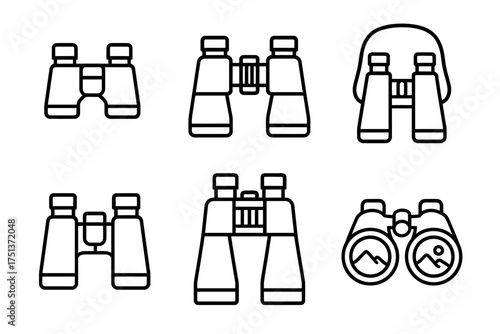 Set of six minimalist black and white binoculars icons in various designs
