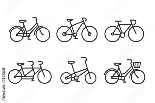 Collection of bicycle outlines featuring tandem, mountain, and road designs