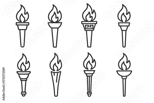 Set of eight unique torch icons with flame in minimalist line art design