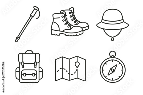 Hiking essentials: backpack, compass, boots, map, hat, and walking stick icons