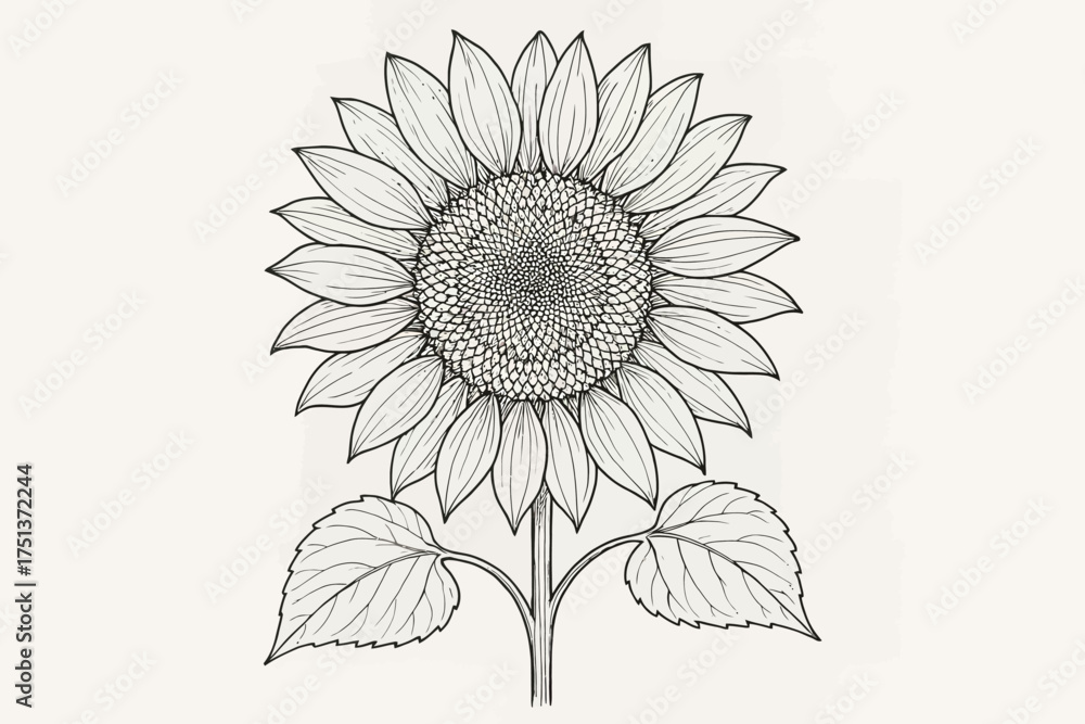 Fototapeta premium Detailed black and white sunflower line art with leaves on white background