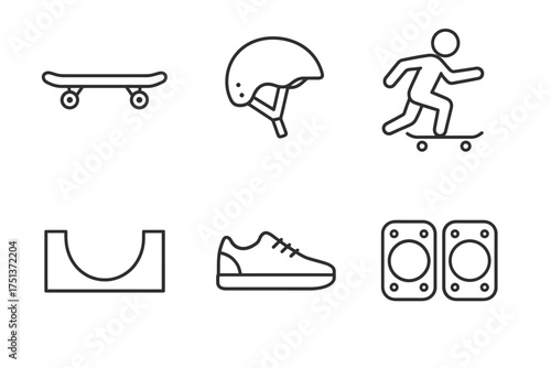 Skateboarding gear and icons: helmet, skateboard, rider, ramp, shoe