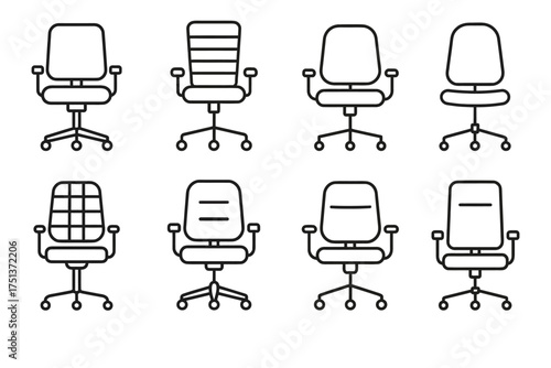 Various office desk chair designs: minimalist line art illustrations
