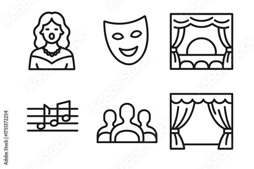 Theater icons: performer, mask, stage, music, audience, curtains